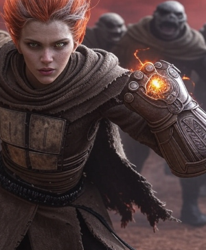 Aria slashing gruntlings with Glyph-Blade