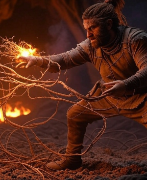 Talyn igniting vines with Fire Toss