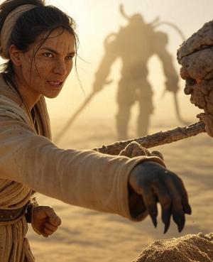 Zara bashing golems with Sand Staff